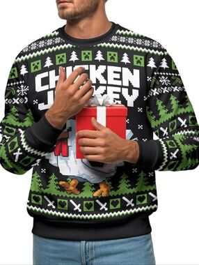 Minecraft Chicken Jockey Ugly Holiday Sweater Crew Neck Size Large